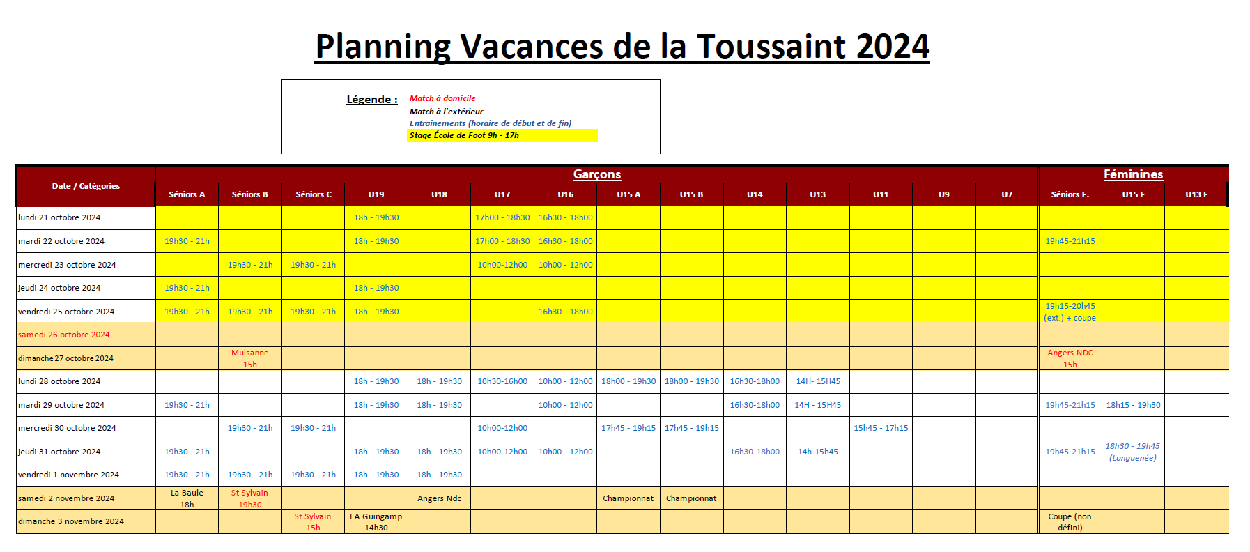 Planning entraînements/matchs - Vacances de la Toussaint 2024