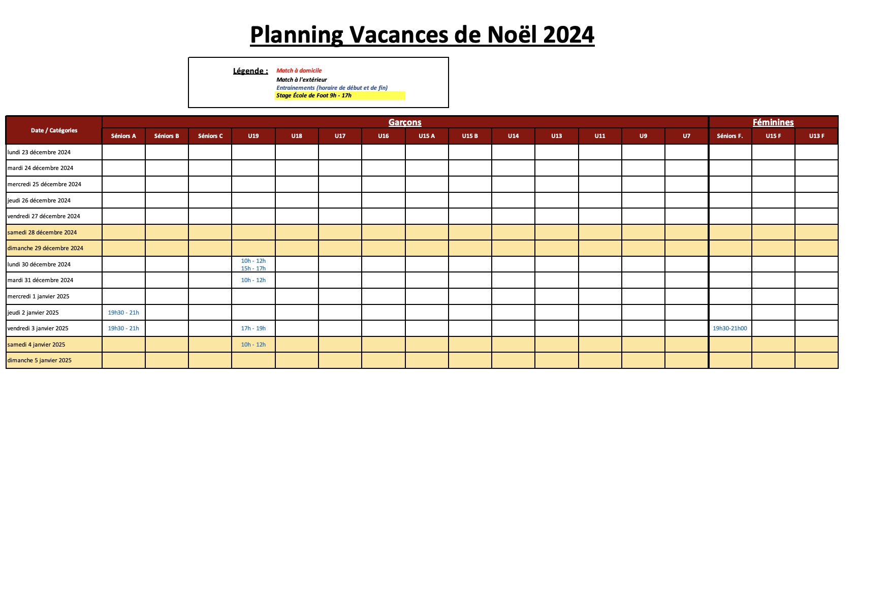 Planning des Vacances : Retrouvez les Entraînements Prévus !