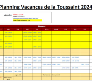 Planning entraînements/matchs - Vacances de la Toussaint 2024